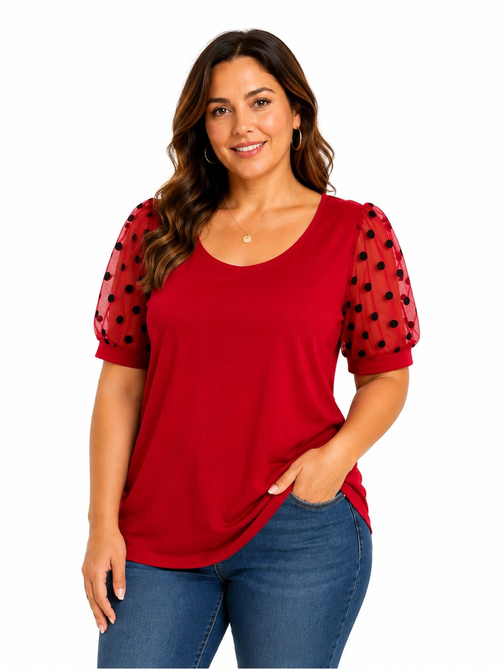 Fashion Collection Red Sheer Polka Dot Puff Sleeve Top XL NWOT